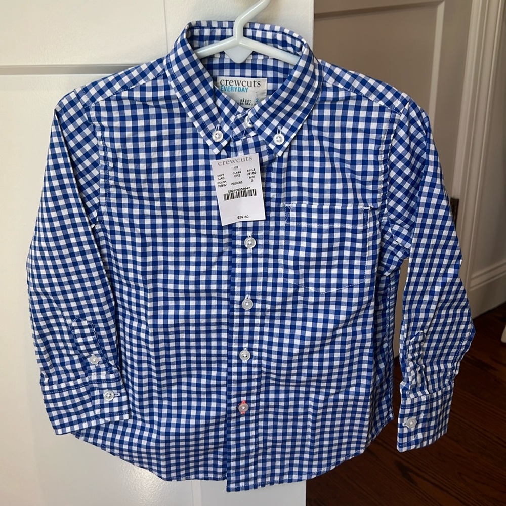 Crewcuts by J Crew boys size 2 blue and white check button down shirt -NWT